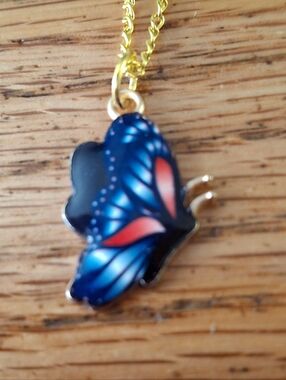 NWT Gold Chain Butterfly Pendant Necklace in Blue and Pink